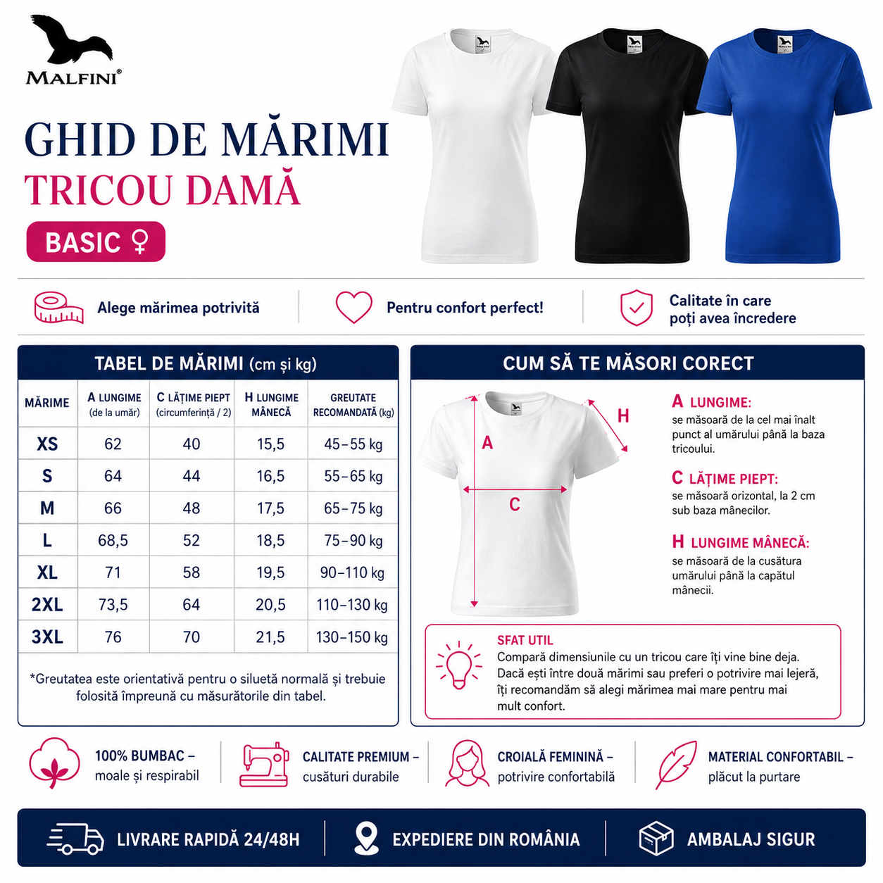 Set tricouri casual damă alb negru albastru regal din bumbac 100%